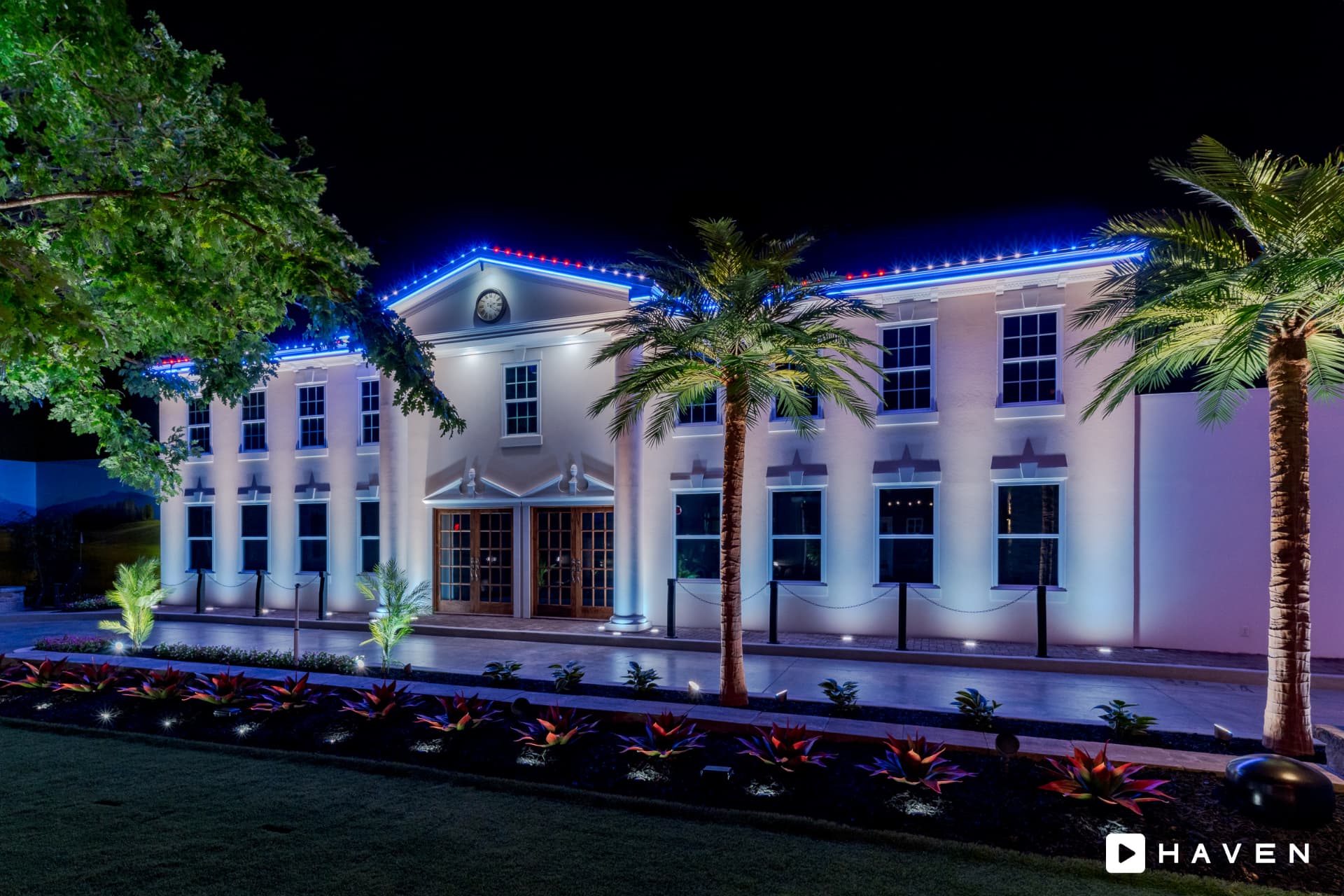 Home and building exteriors lit in Haven color scenes